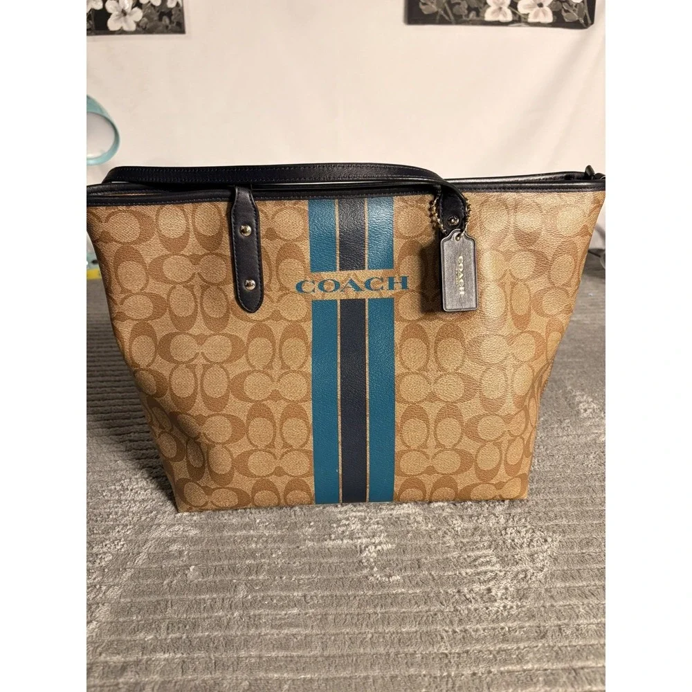 Coach Tote Bag Womens Large Tan Good Signature Canvas Varsity Stripe Gallery